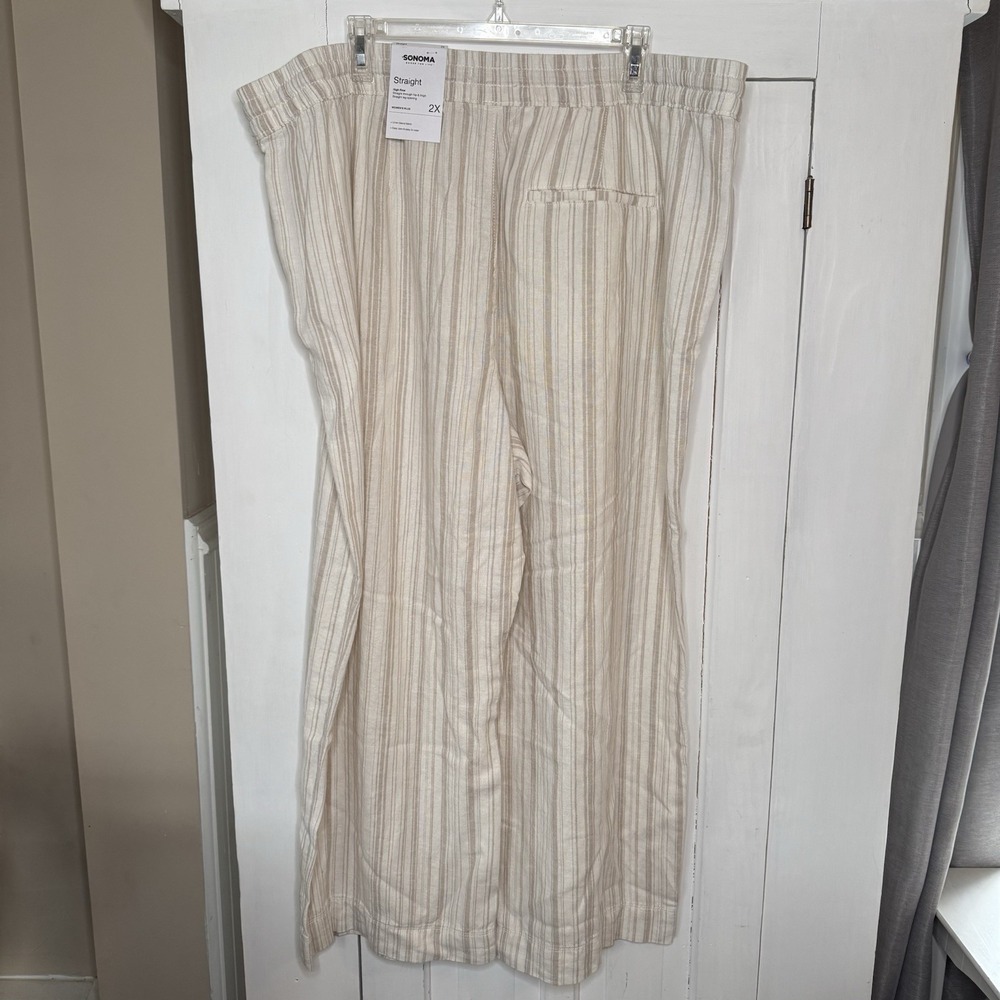 NEW Sonoma Striped 2X Linen Blend High Rise Straight Leg Pants White Beige NWT - Picture 2 of 7